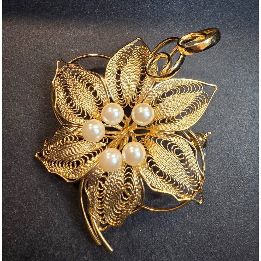 Vintage Gold Tone Filigree Floral Brooch Faux Pearl Openwork Flower Pin 2.5”